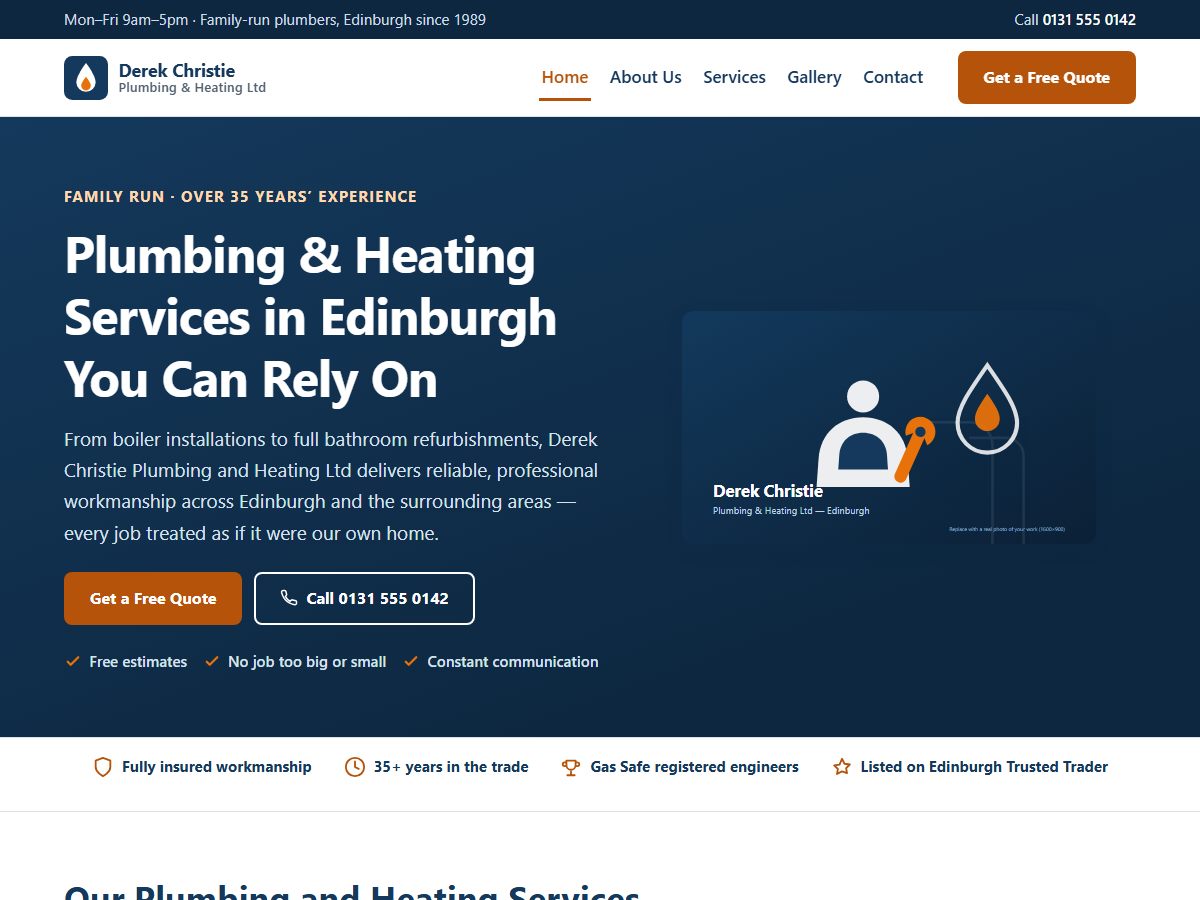 Website preview for Derek Christie Plumbing and Heating showing emergency call-out services with a click-to-call button