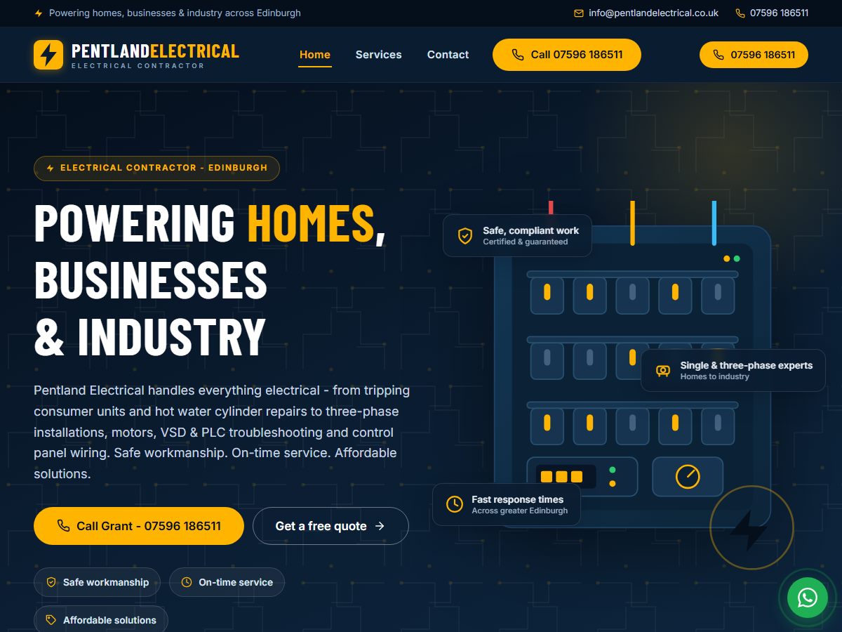 Website preview for Pentland Electrical in Edinburgh showing consumer unit upgrades, installations and emergency call-outs