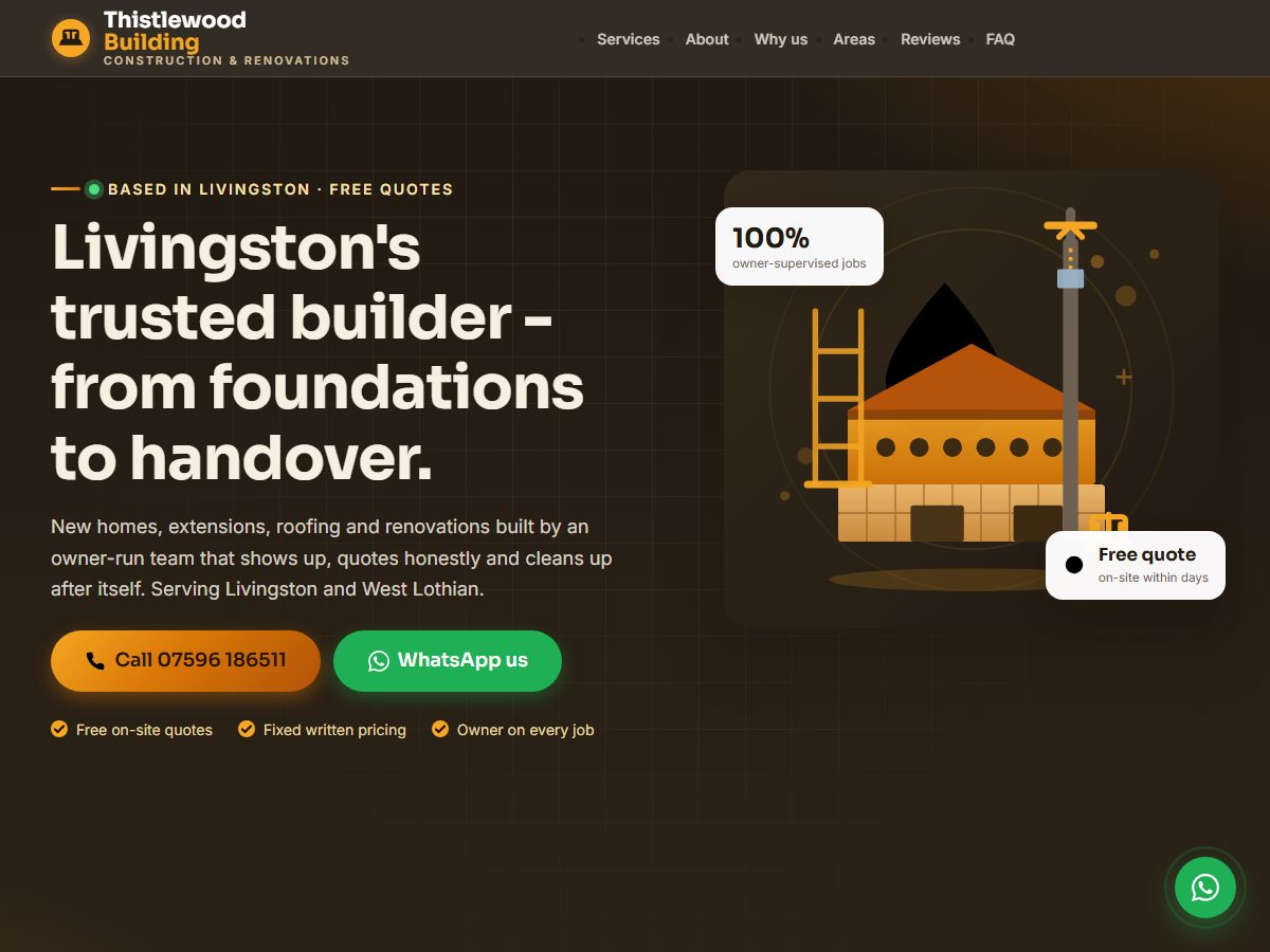 Website preview for Thistlewood Building in Livingston showing home extensions, roofing and renovation services